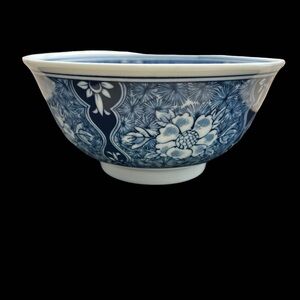 Vintage Japanese Blue and White Floral Porcelain Serving Bowl